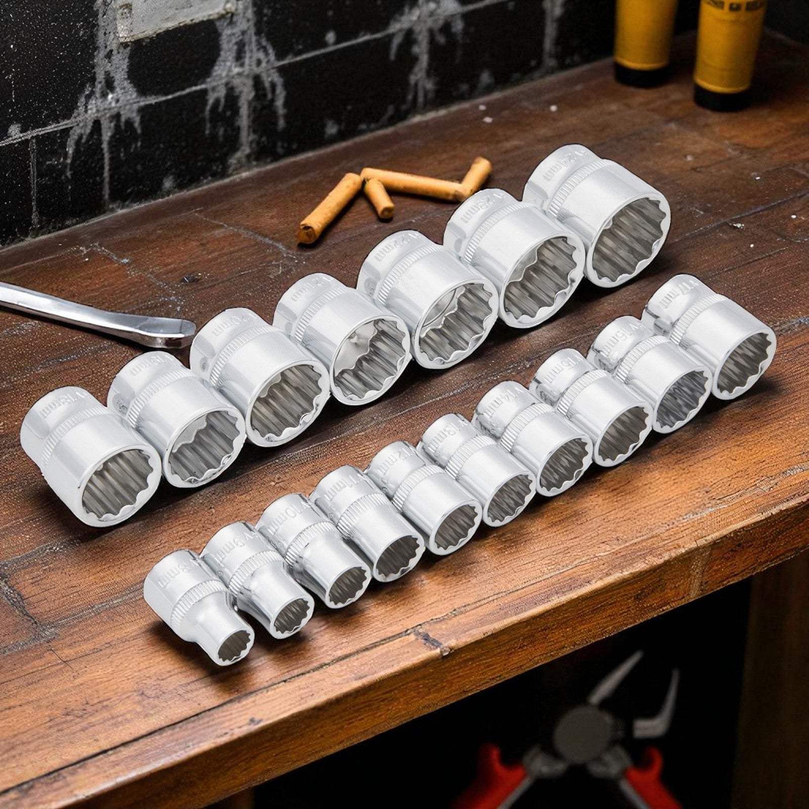 17pc 3/8" Metric Shallow Sockets Set 8-24mm with Storage Rail - Lifetime Warranty