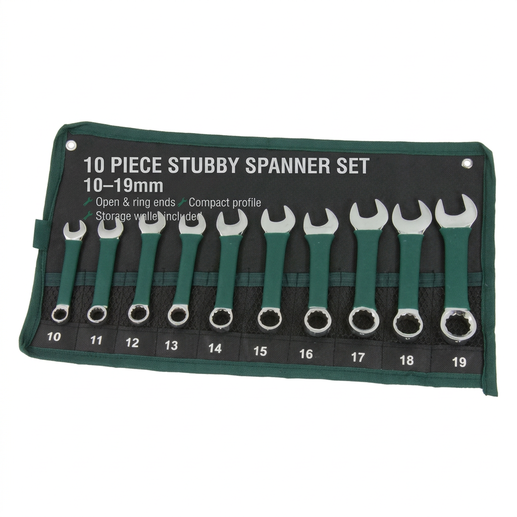 10 Piece Stubby Combination Spanner Set 10–19mm with Storage Wallet