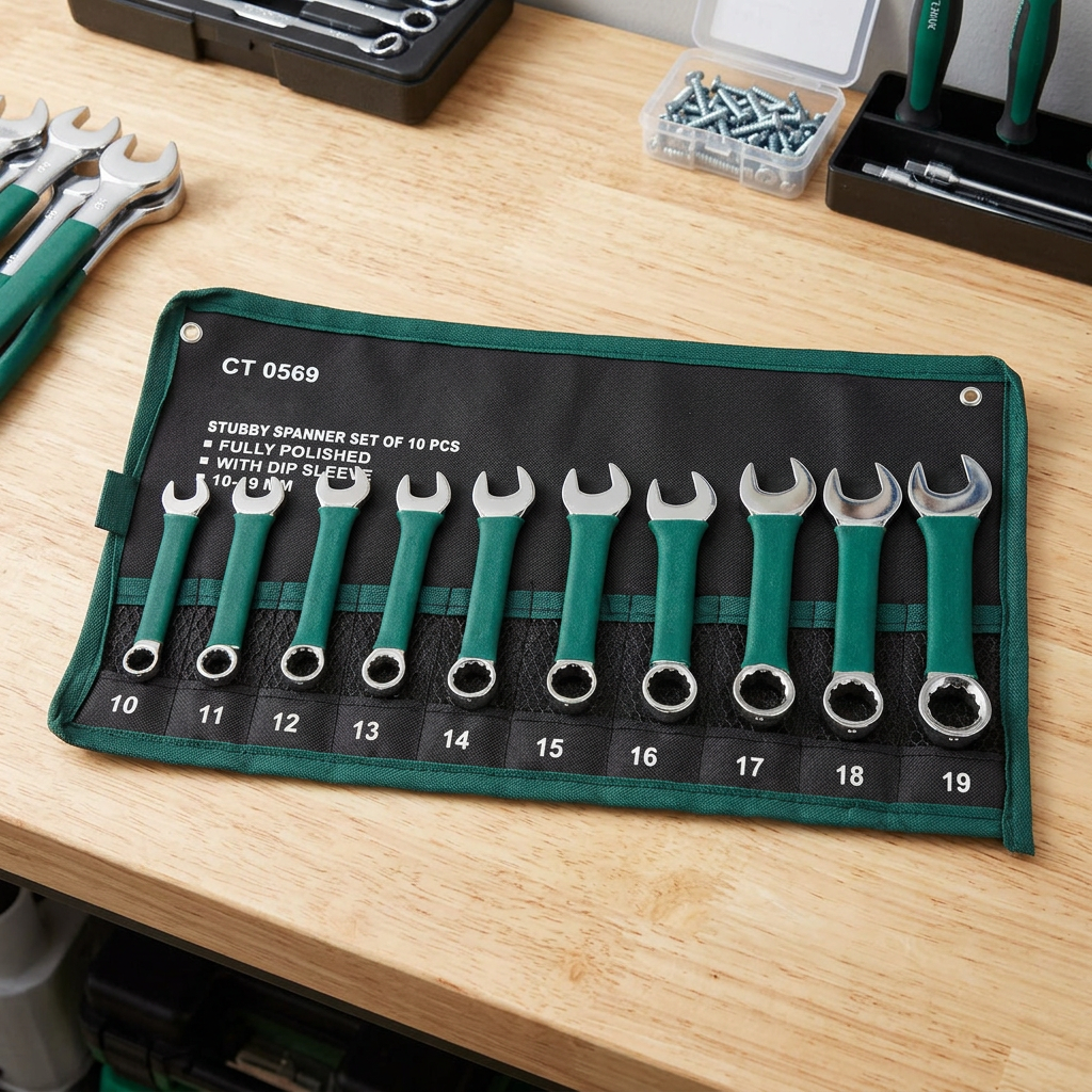 10 Piece Stubby Combination Spanner Set 10–19mm with Storage Wallet