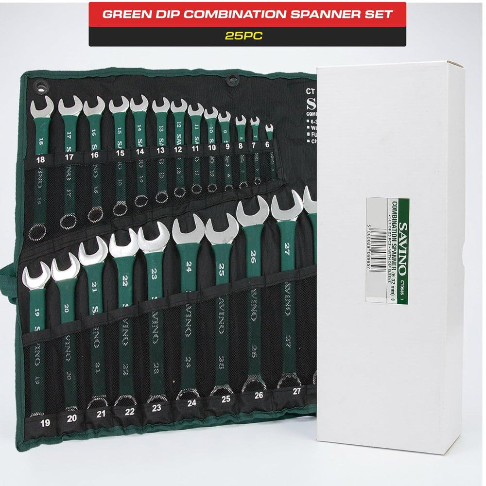 Combination Spanner Metric Set Soft Grip 6-32mm Open Ring + Roll 25pc (Green)