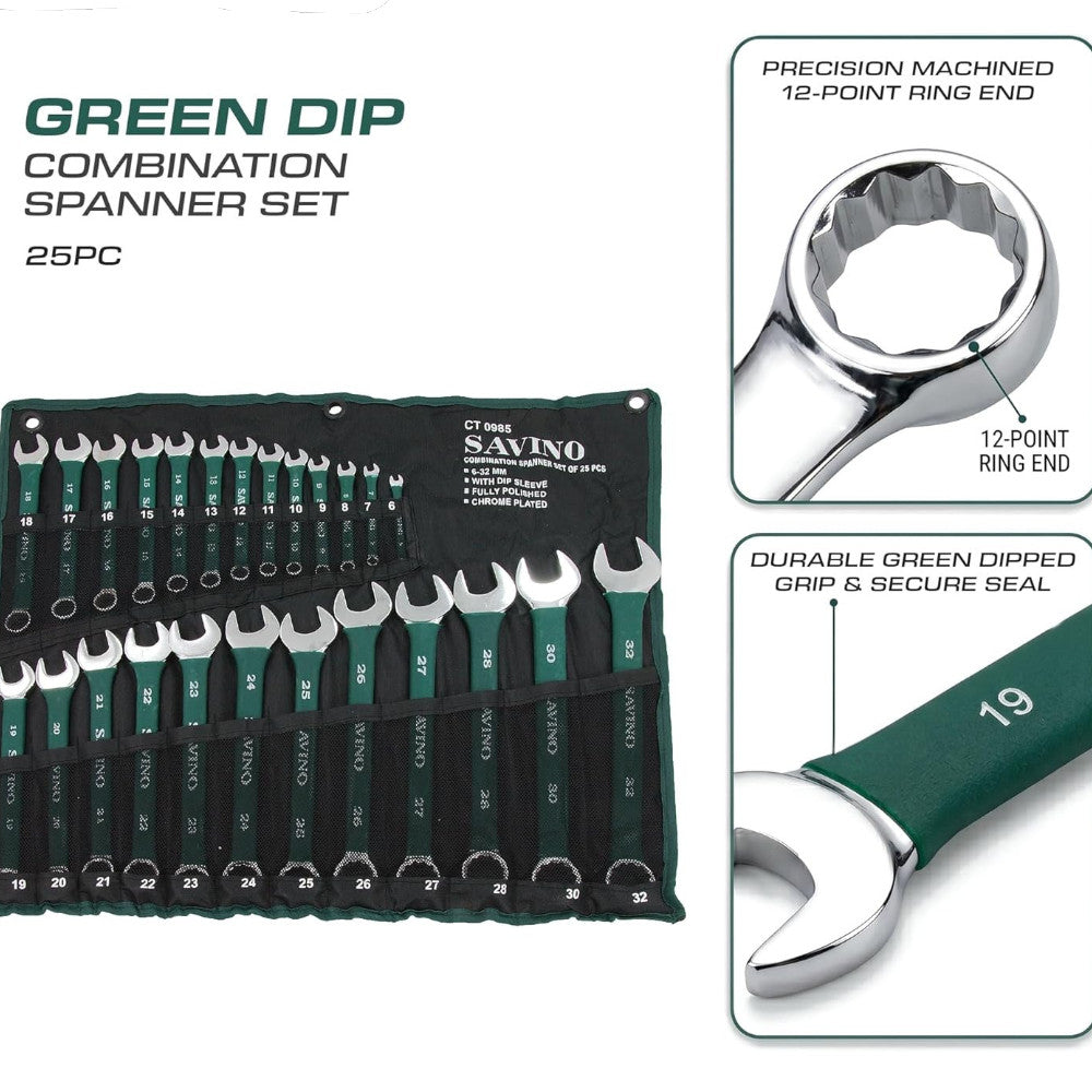 Combination Spanner Metric Set Soft Grip 6-32mm Open Ring + Roll 25pc (Green)