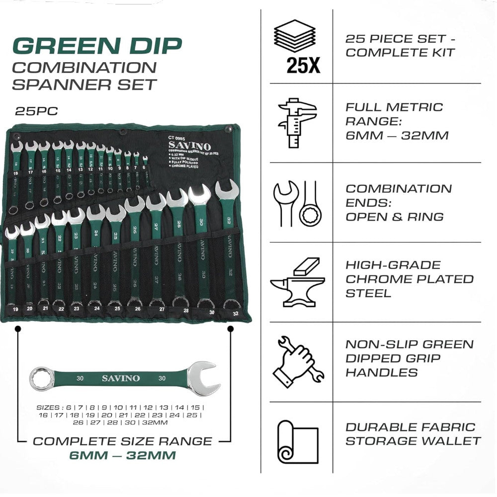 Combination Spanner Metric Set Soft Grip 6-32mm Open Ring + Roll 25pc (Green)