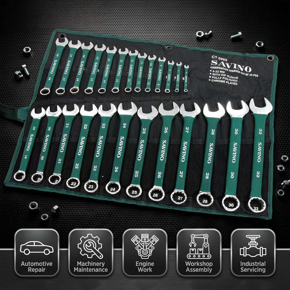Combination Spanner Metric Set Soft Grip 6-32mm Open Ring + Roll 25pc (Green)