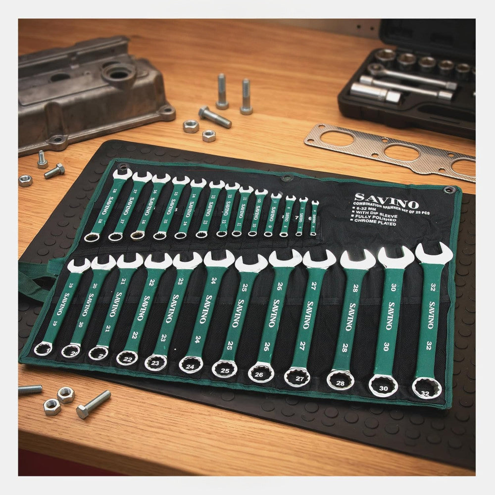 Combination Spanner Metric Set Soft Grip 6-32mm Open Ring + Roll 25pc (Green)