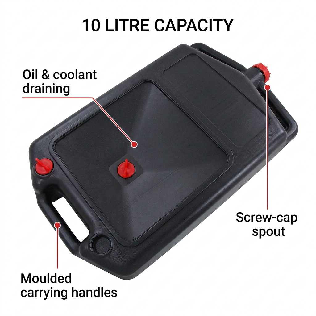 10 Litre Oil Drain Pan & Fluid Collection Tank with Screw-Cap Spout