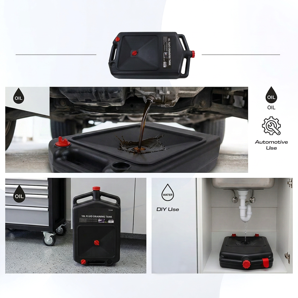 10 Litre Oil Drain Pan & Fluid Collection Tank with Screw-Cap Spout