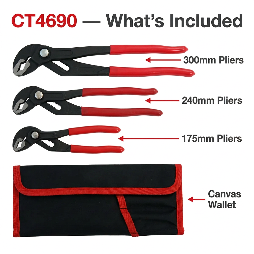 Water Pump Pliers Set 3pc Button Release 175–300mm