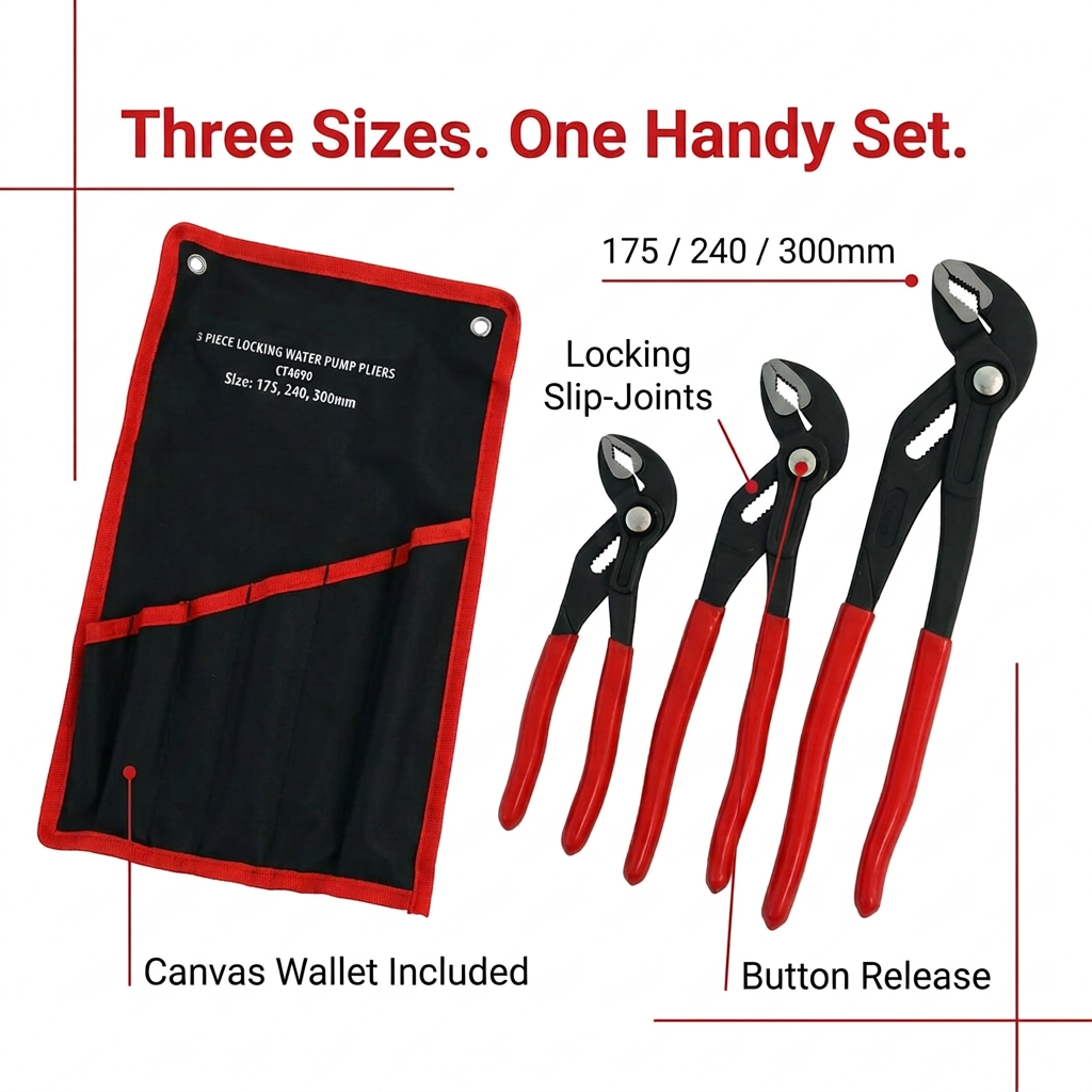 Water Pump Pliers Set 3pc Button Release 175–300mm