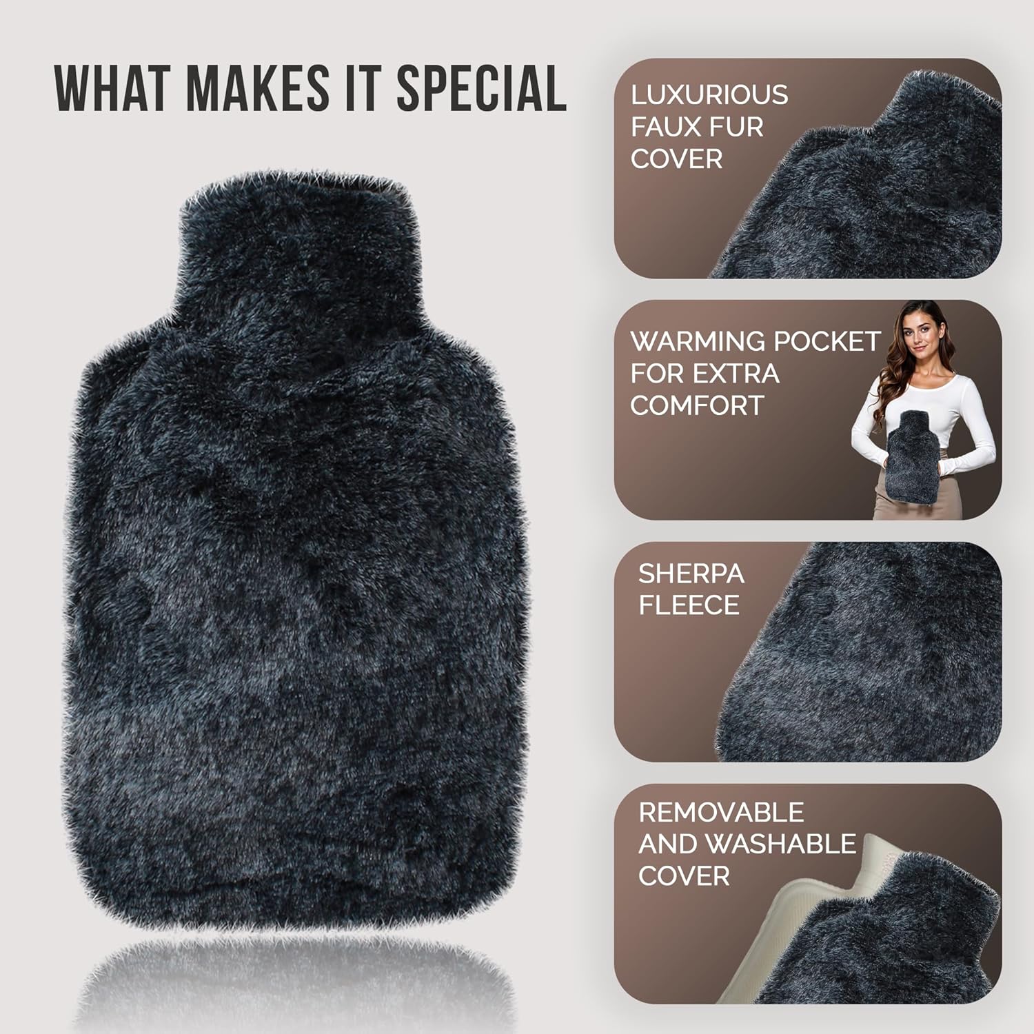 Hot Water Bottle + Cover 2Litre Super Soft Faux Fur Washable - Hand Pocket