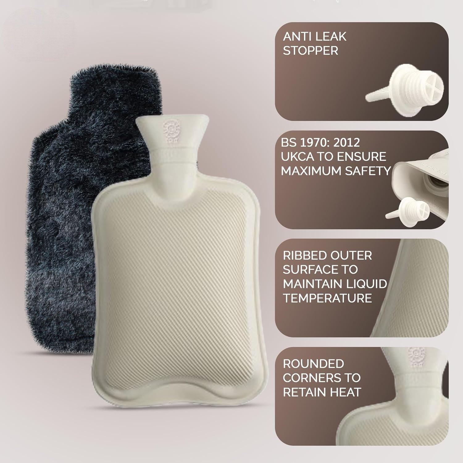 Hot Water Bottle + Cover 2Litre Super Soft Faux Fur Washable - Hand Pocket