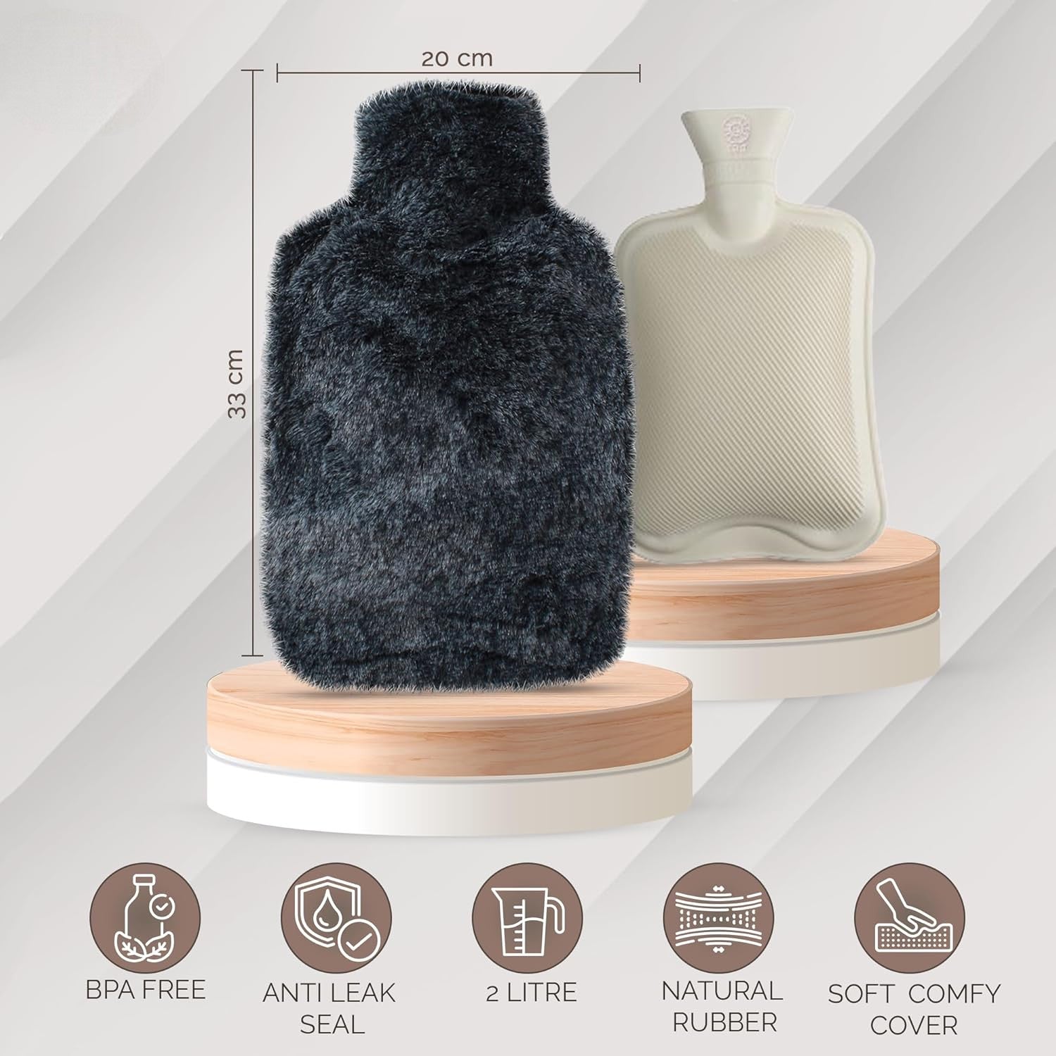 Hot Water Bottle + Cover 2Litre Super Soft Faux Fur Washable - Hand Pocket