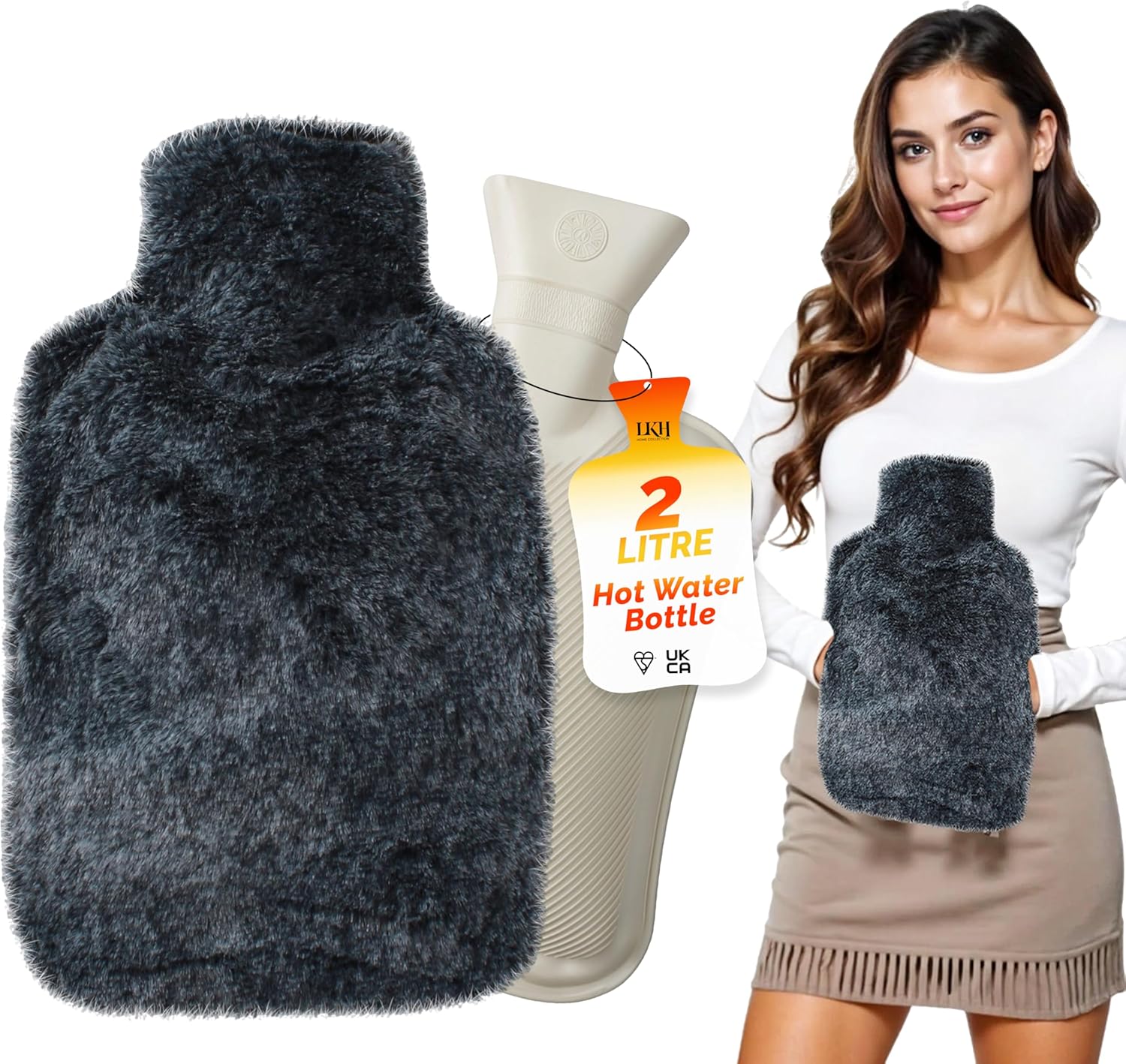 Hot Water Bottle + Cover 2Litre Super Soft Faux Fur Washable - Hand Pocket
