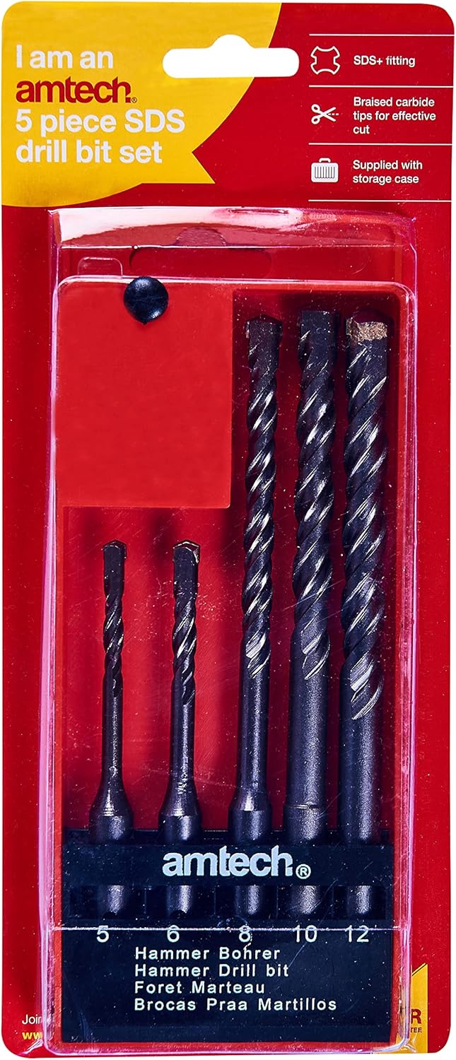 Amtech 5 Piece SDS Drill Bit Set 5mm- 12mm Hardened Steel Bits with Plastic Case, Ideal for Concrete, Brick and Masonry Drilling