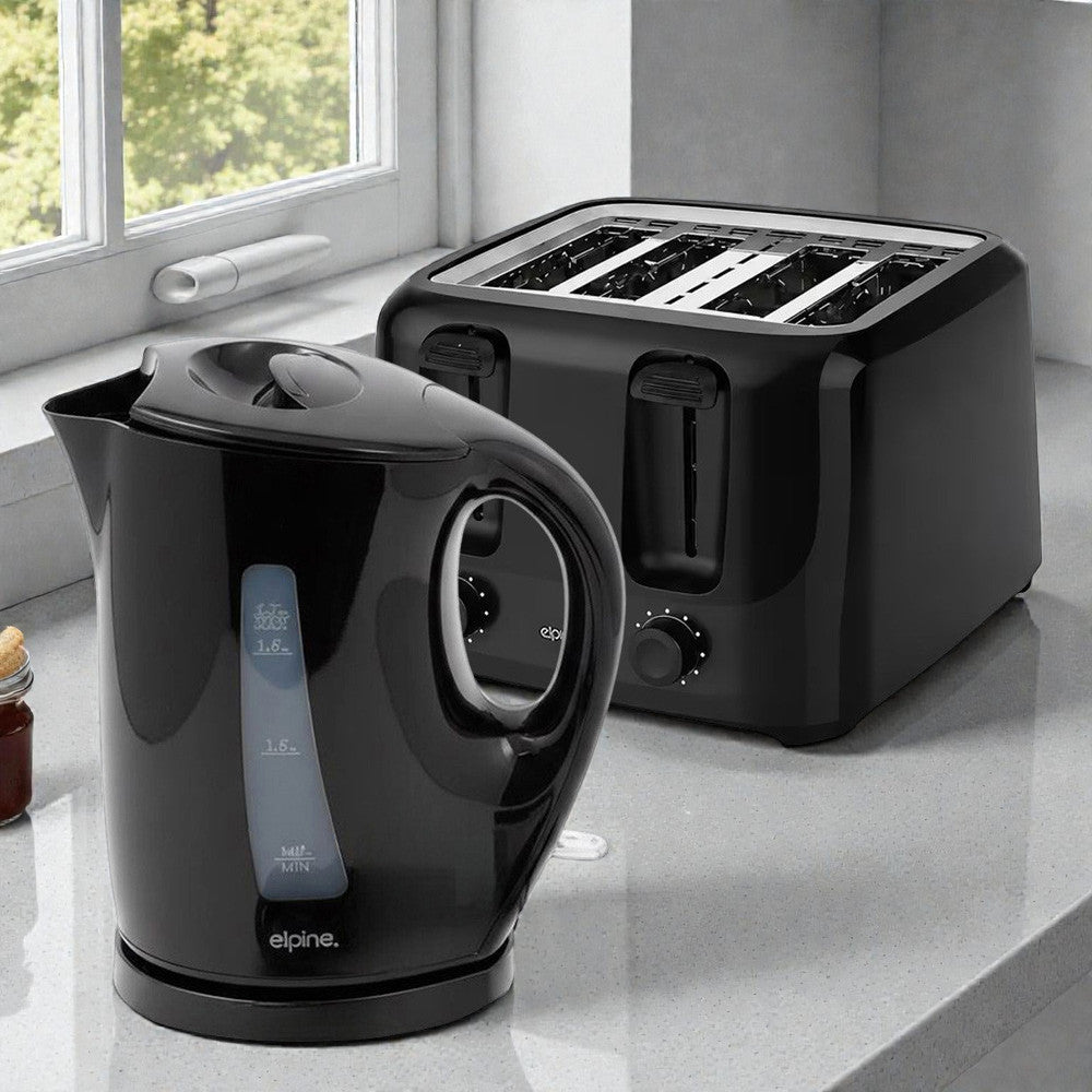 Black Cordless Electric Kettle & 4 Slice Toaster Set | 1.7L Jug | Variable Browning Control