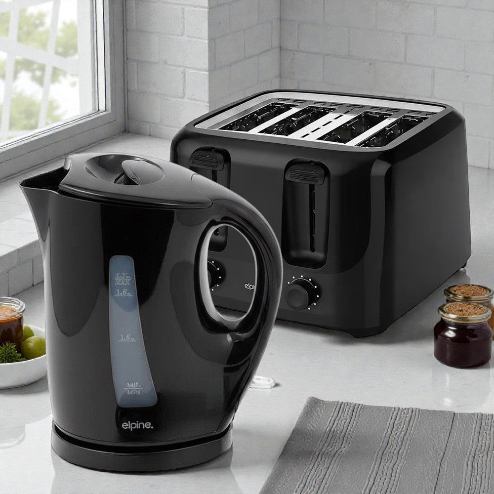 Black Cordless Electric Kettle & 4 Slice Toaster Set | 1.7L Jug | Variable Browning Control