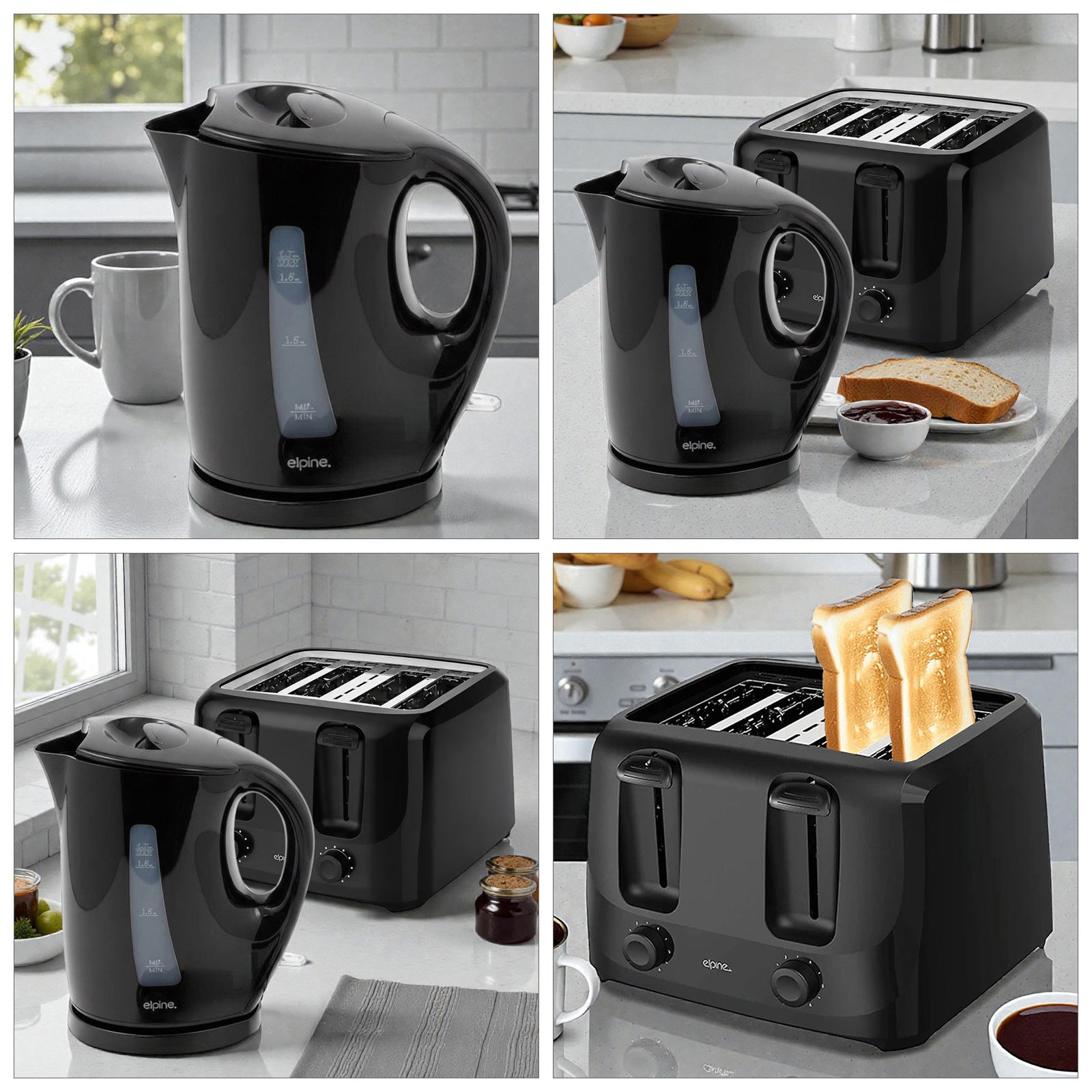 Black Cordless Electric Kettle & 4 Slice Toaster Set | 1.7L Jug | Variable Browning Control