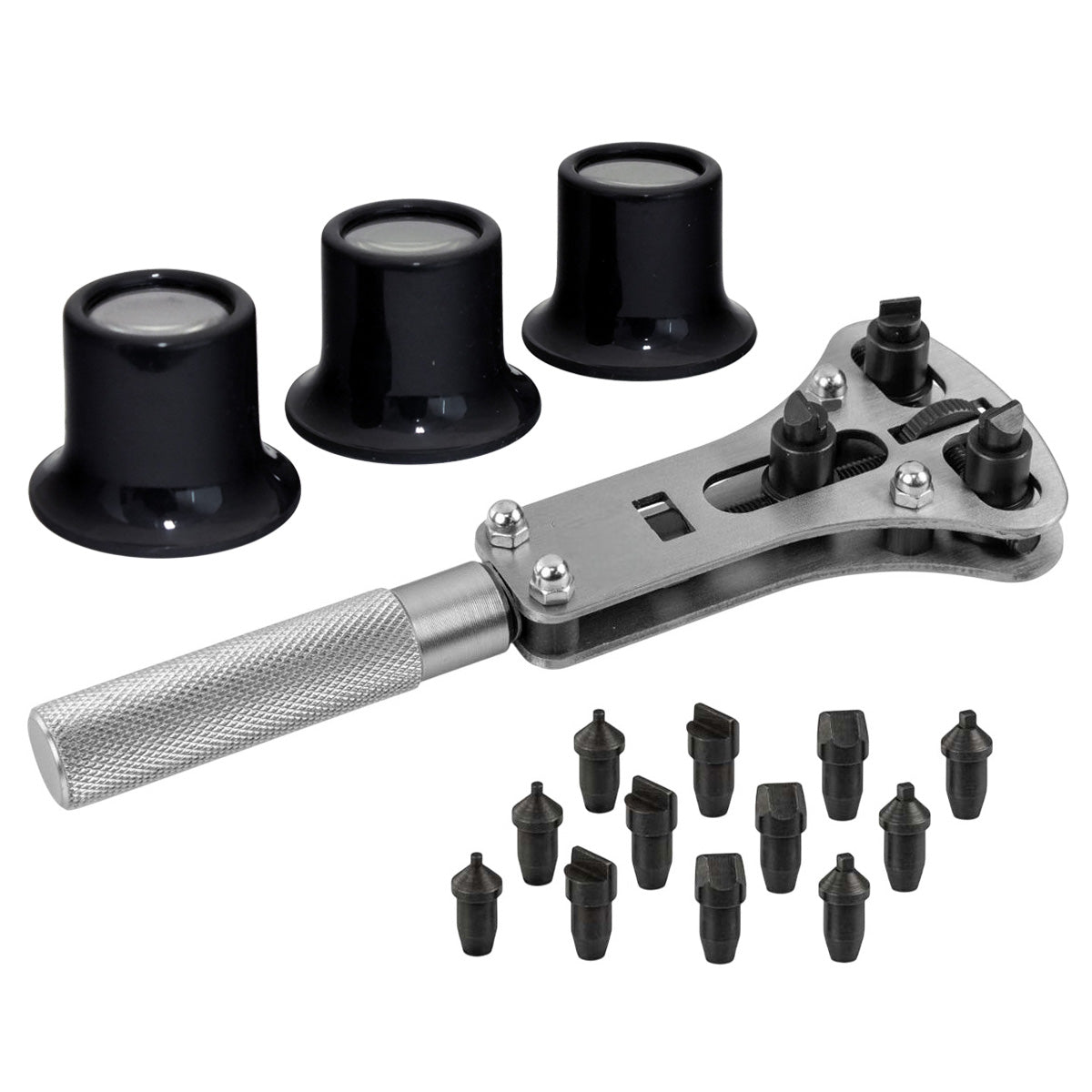 Watch Case Opener and 3pc Eye Loupe Set | Screw Back Cover Opening Wrench Tool | Battery Changing and Repair