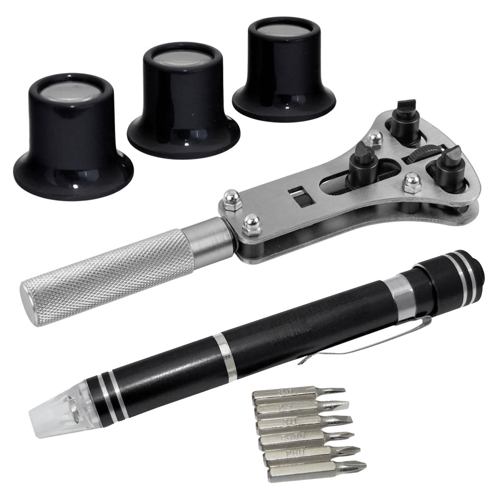 Watch Case Opener plus LED Precision Screwdriver and 3pc Magnifying Eye Loupe Set | Battery Changing and Repair