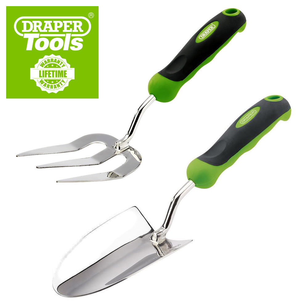 Draper 2pc Trowel & Fork Garden Hand Tool Set | Heavy Duty Stainless Steel with Soft Grip Handles