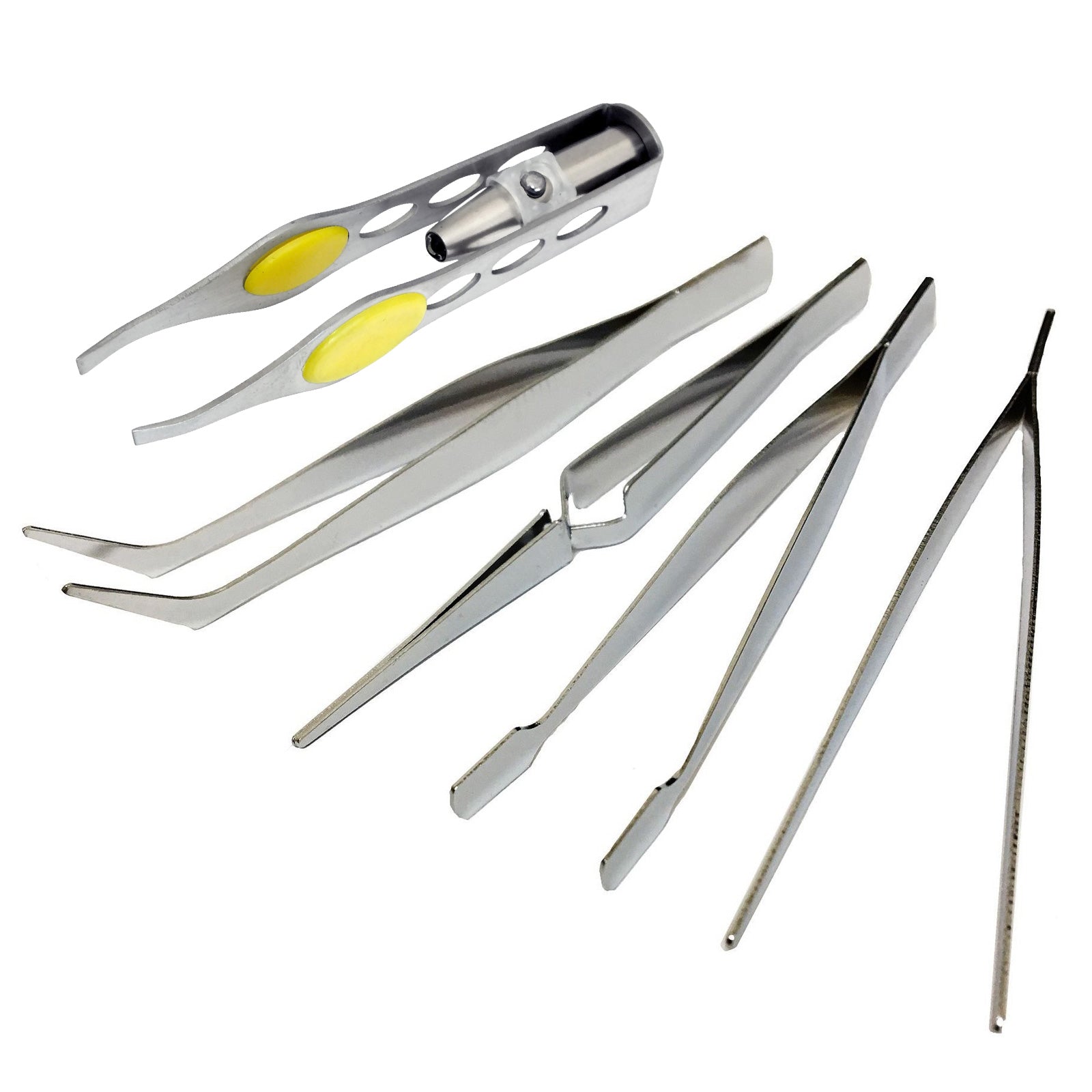 5pc Precision & LED Tweezers Set | Precision Stainless Steel | Integrated LED Light | Eyebrow Pluckers Electronics Jewellery Making
