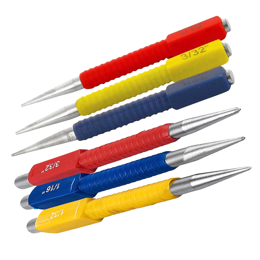 6pc Nail Punch & Centre Point Punches Set Colour Coded Carbon Steel Marking Scribes