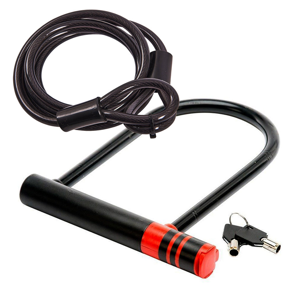 1.5m Cycle Security Cable + D-Shackle Bike Lock Steel U Shaped Bicycle Padlock with 2 Keys