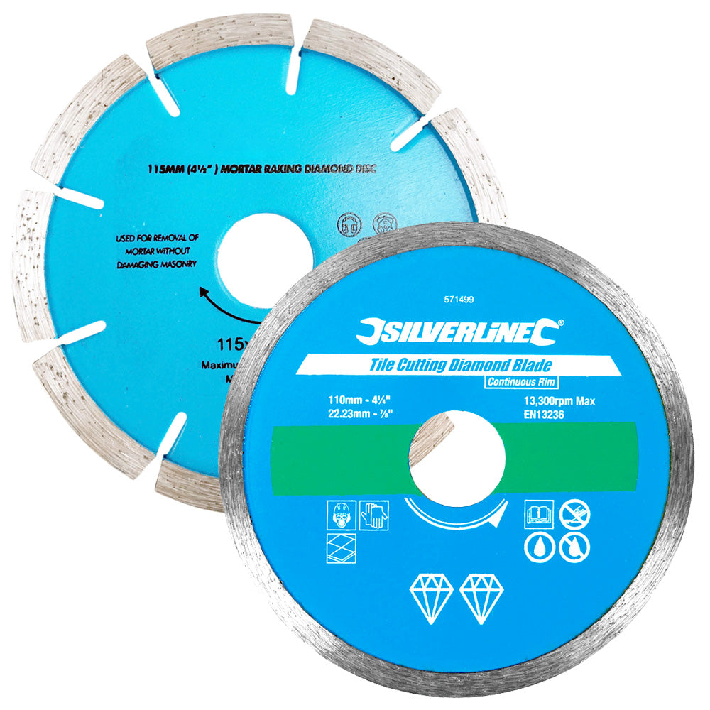 2pk 115mm Mortar Raking Diamond Disc plus 110mm Tile Cutting Diamond Blade | 4.5" Angle Grinders