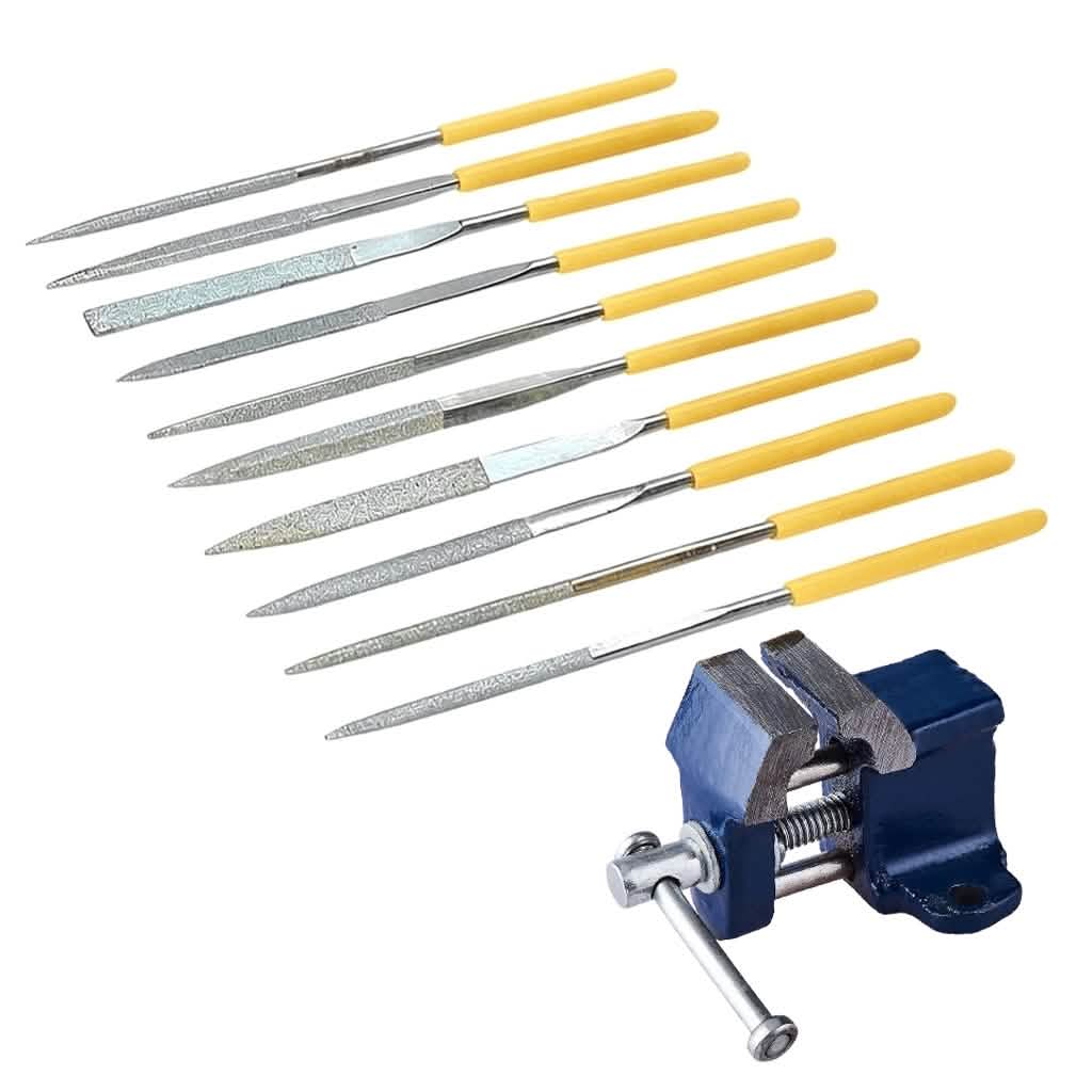 10pc Diamond Coated Precision Needle File Set plus 25mm Mini Vice