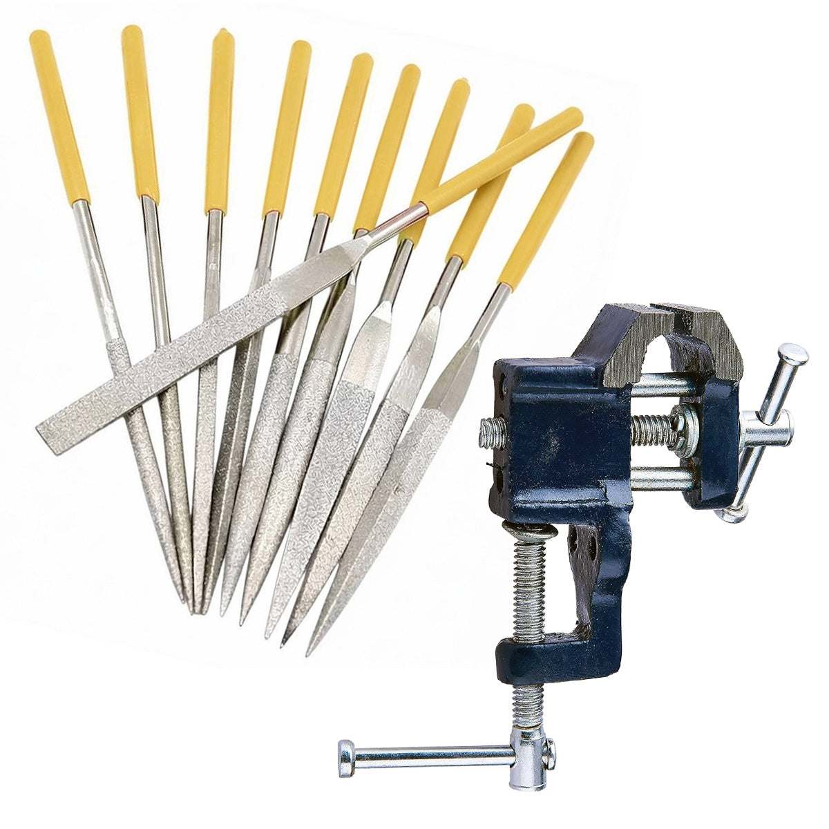10pc Diamond Coated Precision Needle File Set plus 25mm Mini Vice with Clamp
