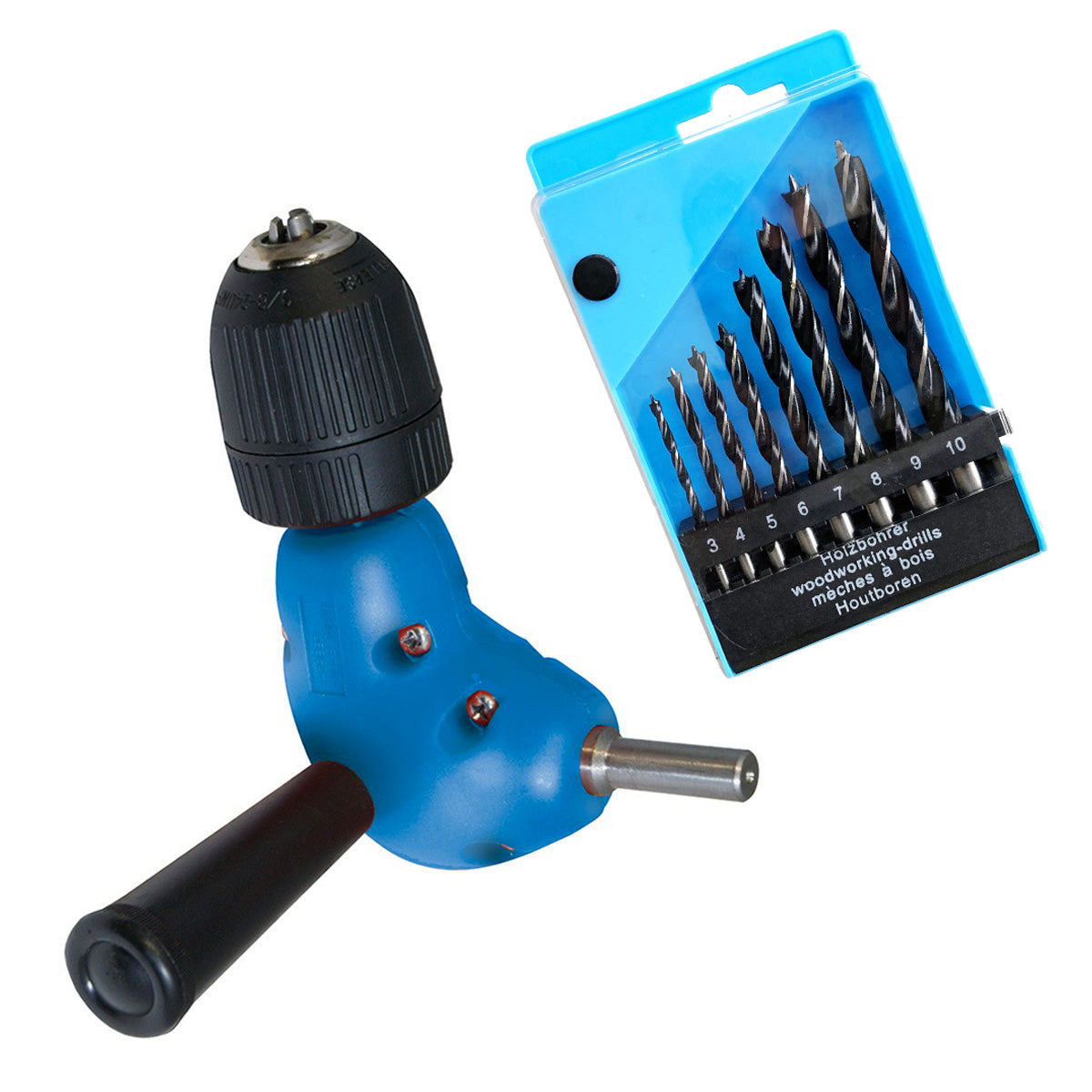 Silverline Right Angle Drill Attachment plus 8pc Drill Bits Set | 10mm Keyless Chuck for 90° Degree Drilling