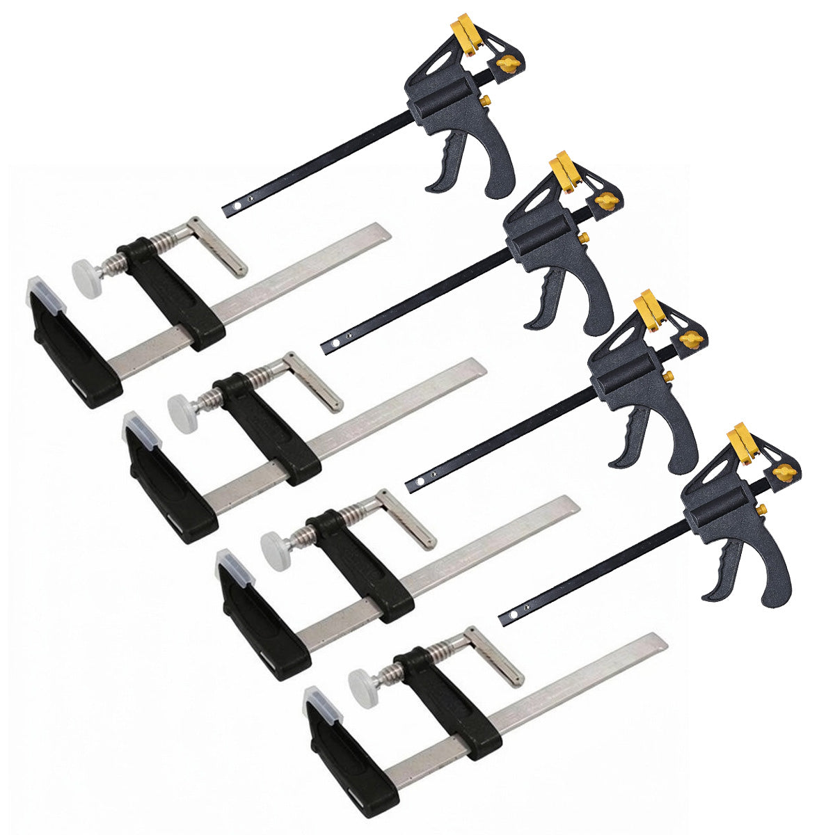 4 Pack of F Bar Clamps 6" 50mm x 150mm Quick Slide plus 4 Pack of 4" 100mm Mini Ratchet Speed Clamps