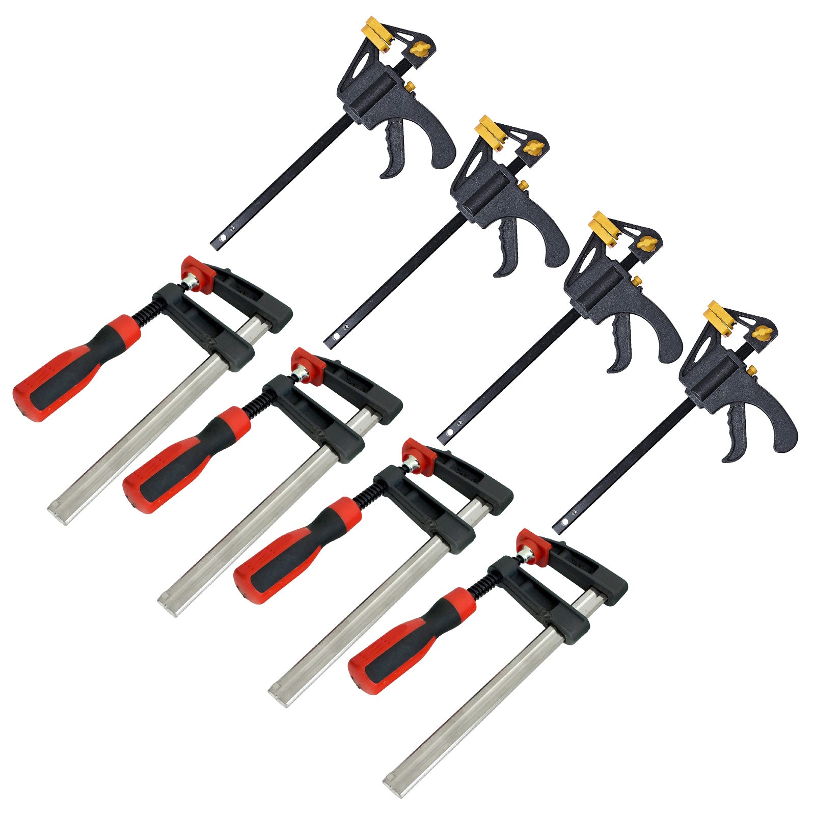 Pack of 4 Heavy Duty F Bar Clamps (6") 150mm x 50mm Quick Slide plus Pack of 4 Mini Ratchet Speed Clamps (4") 100mm