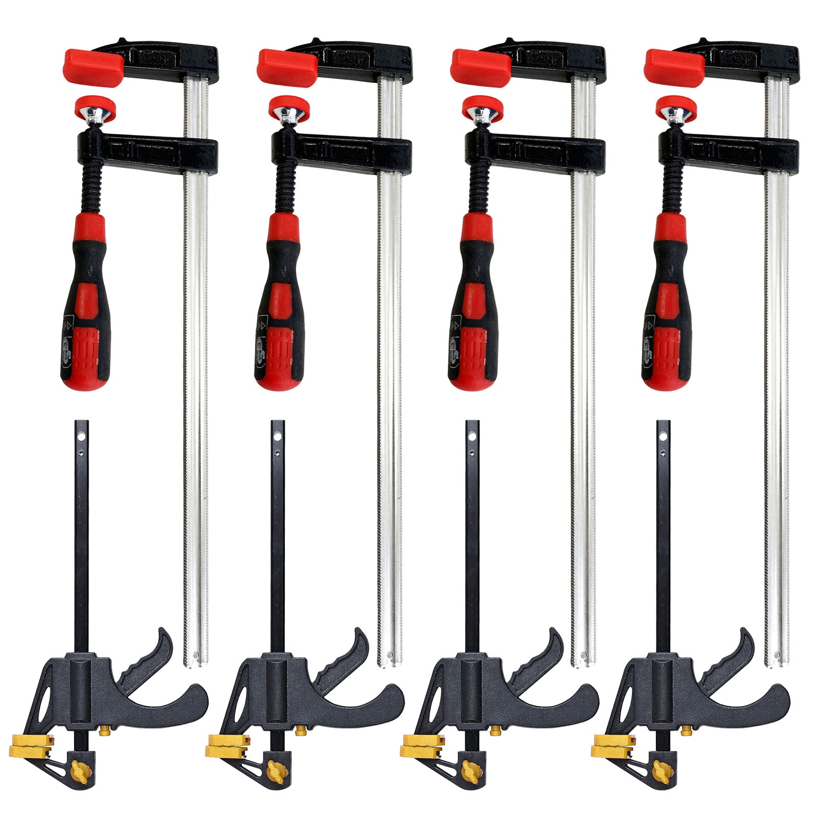 Pack of 4 Heavy Duty F Bar Clamps (12") 300mm x 50mm Quick Slide plus Pack of 4 Mini Ratchet Speed Clamps (4") 100mm