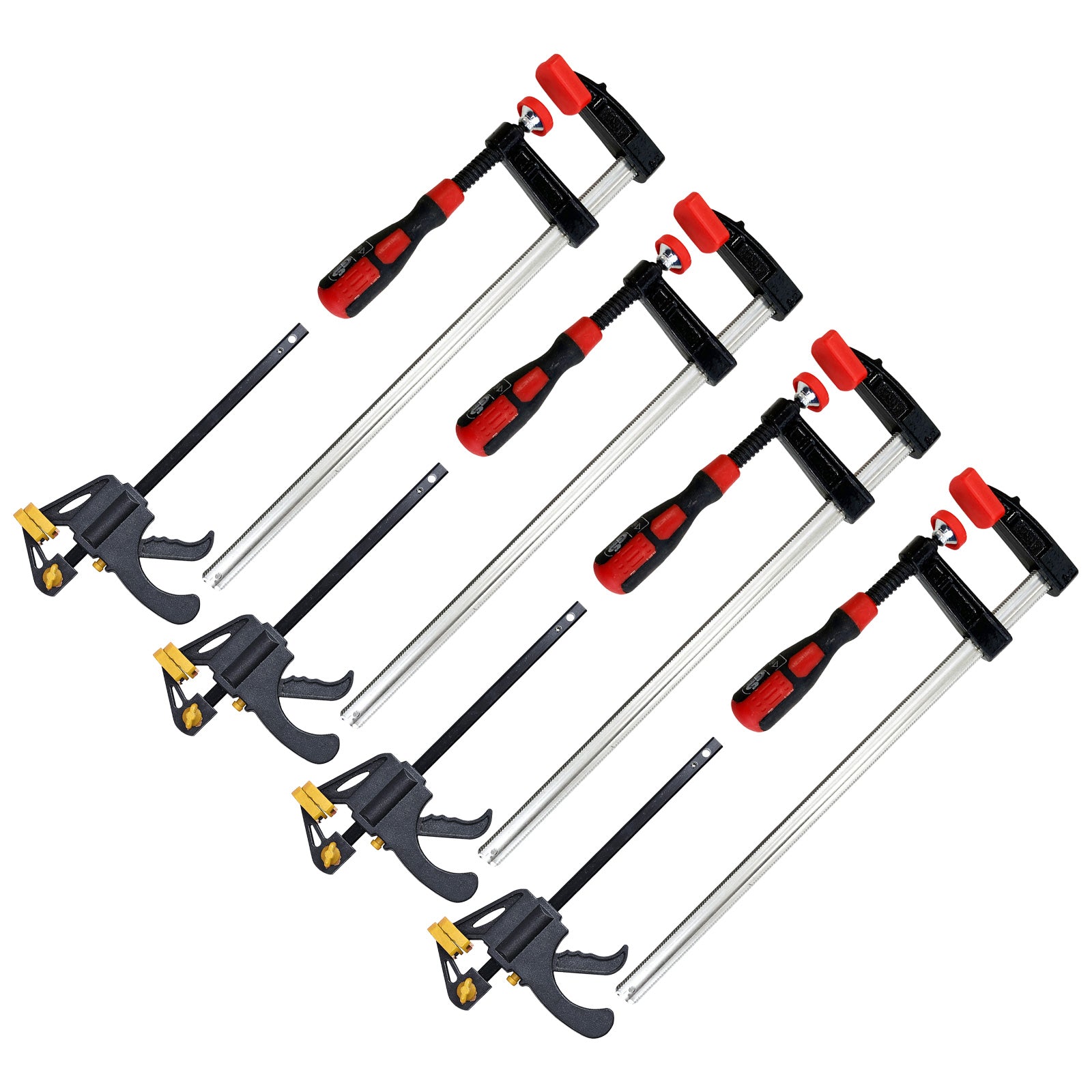 Pack of 4 Heavy Duty F Bar Clamps (12") 300mm x 50mm Quick Slide plus Pack of 4 Mini Ratchet Speed Clamps (4") 100mm