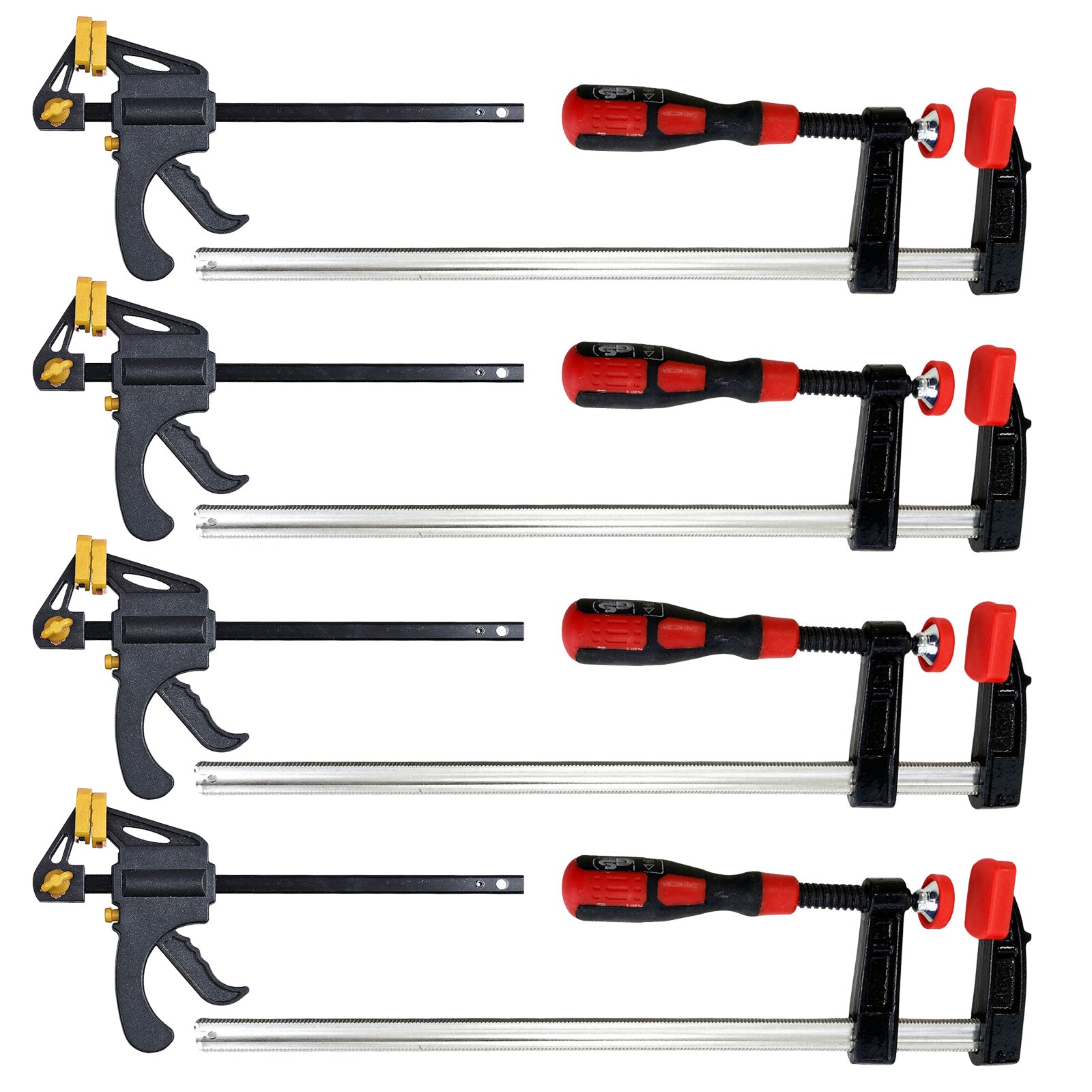 Pack of 4 Heavy Duty F Bar Clamps (12") 300mm x 50mm Quick Slide plus Pack of 4 Mini Ratchet Speed Clamps (4") 100mm