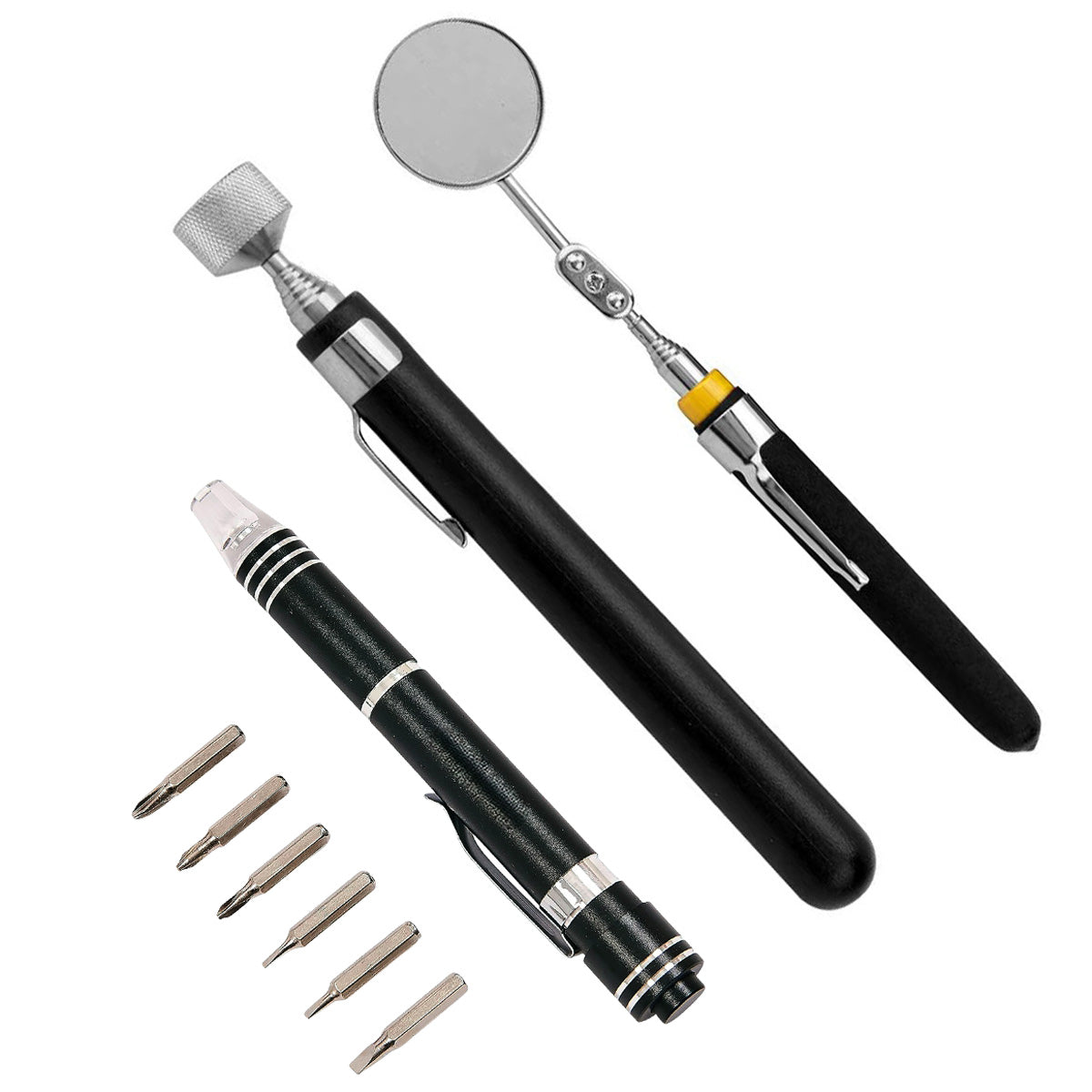 LED Precision Screwdriver plus Telescopic Magnetic Pick Up Tool & Extendable Inspection Mirror