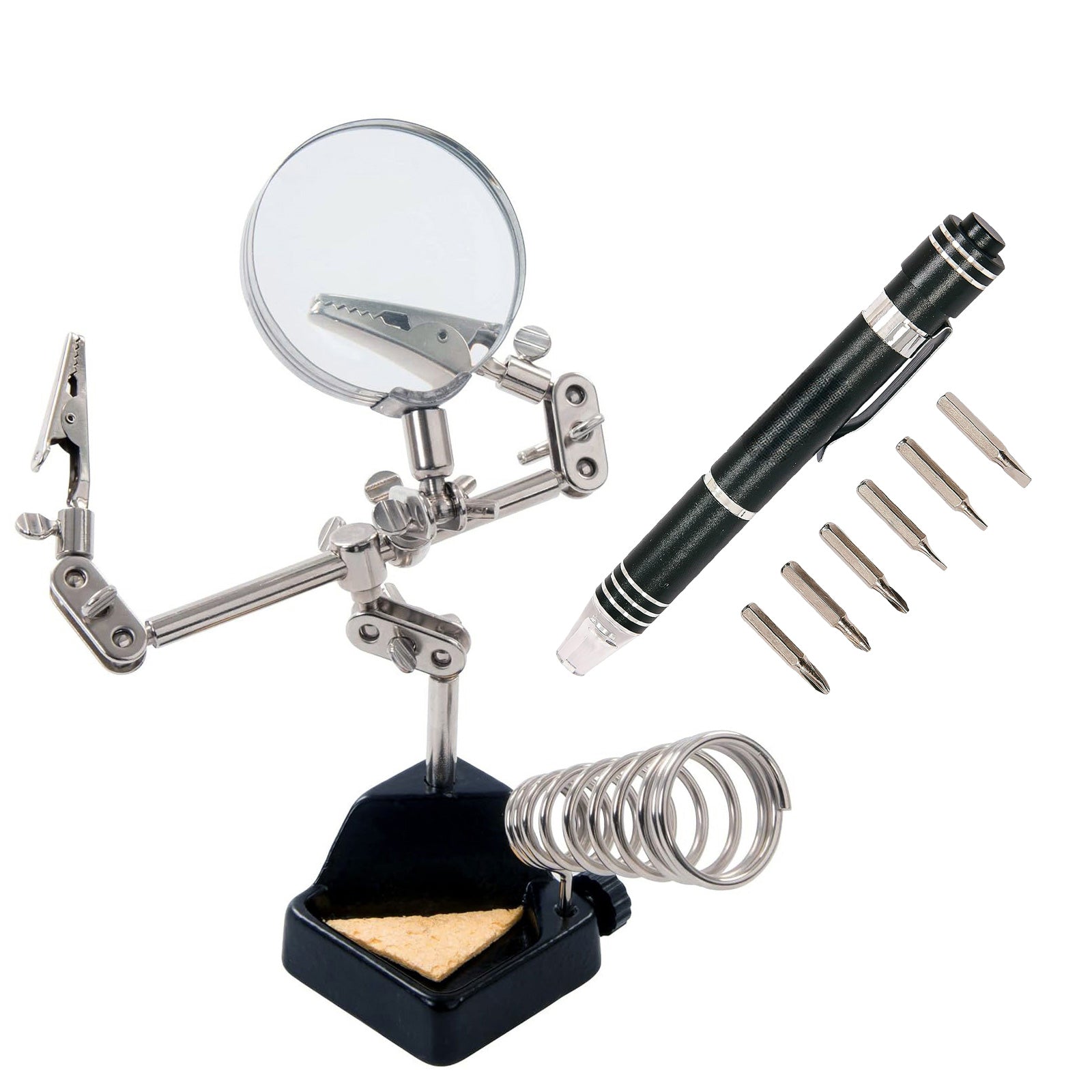 Heavy Duty Helping Hands plus LED Precision Screwdriver | Soldering Iron Stand with 60mm 3x Magnifying Glass