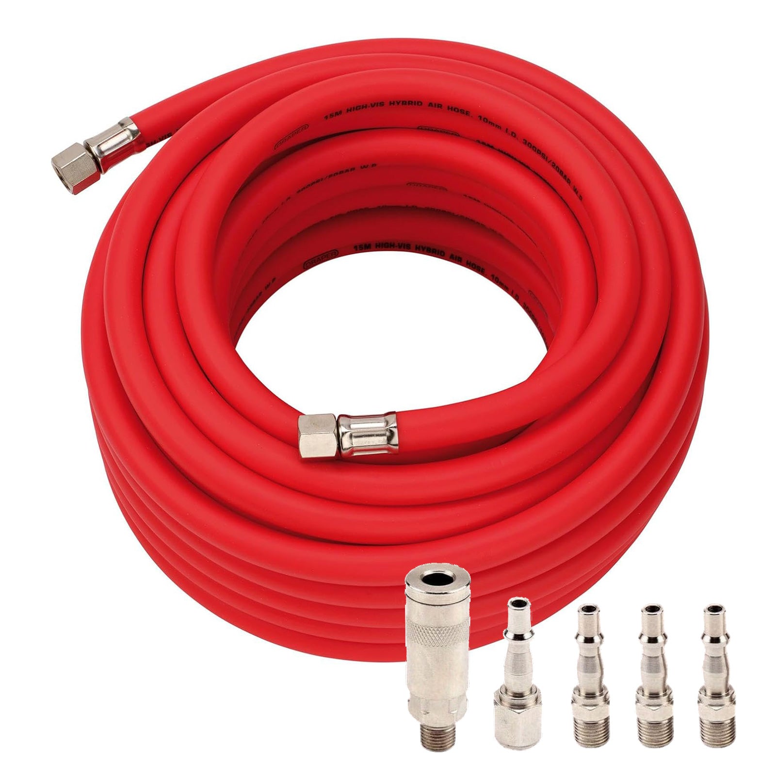 Draper 31731 15m Hybrid Air Hose plus 5pc Air Fittings Kit | 10mm Bore 1/4" BSP High Vis Red Air Line