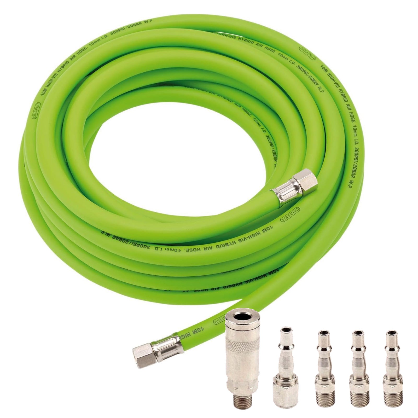 Draper 31729 10m Hybrid Air Hose plus 5pc Air Fittings Kit | 10mm Bore 1/4" BSP High Vis Green Air Line