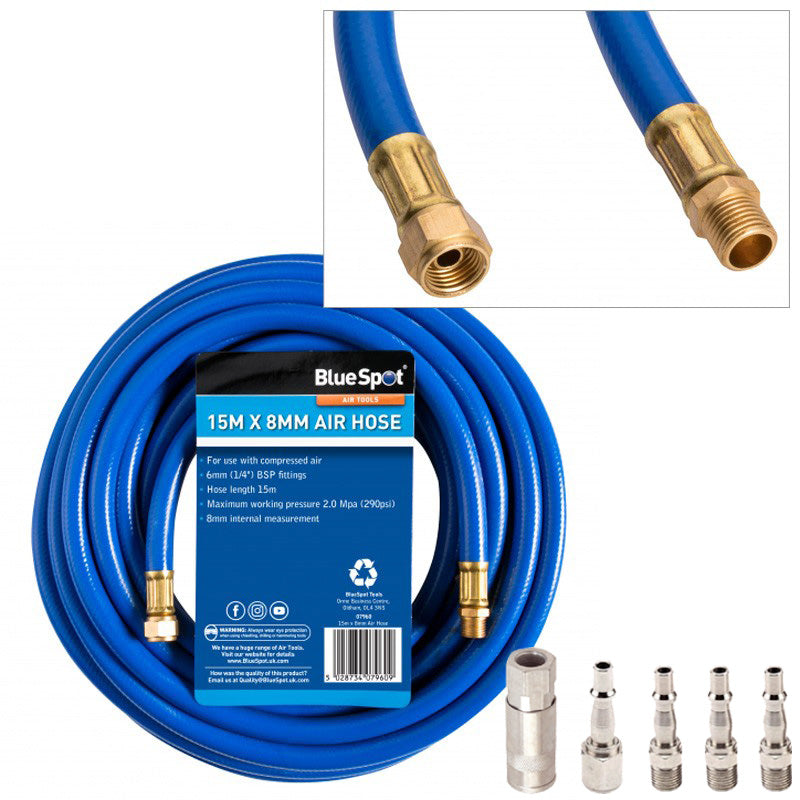 15m Air Hose plus 5pc Air Fittings Kit | Heavy Duty Rubber Airline for Air Compressors | 8mm Bore 290 psi