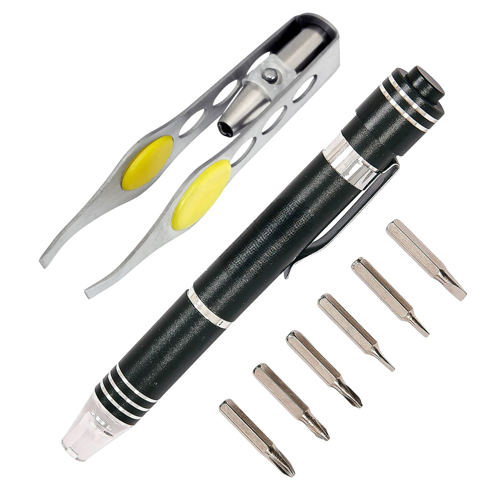 2pc 6-in-1 Aluminium Precision Screwdriver and Tweezers with LED Lights Set