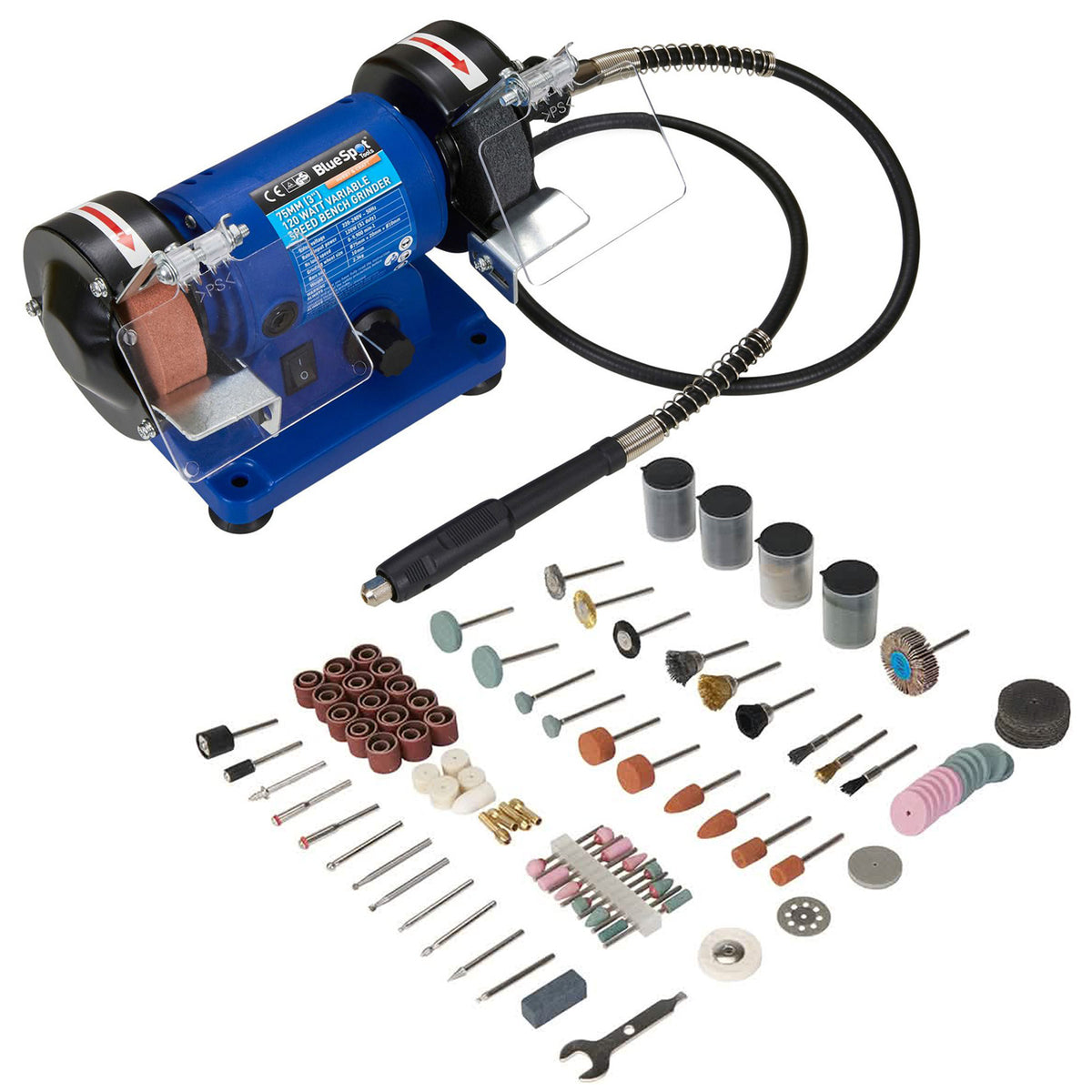 75mm (3") 120W Bench Grinder and Polisher with 1m Flexible Shaft and 216pc Rotary Tool Accessories