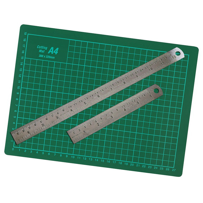 A4 Cutting Mat with Non Slip Self Healing Surface and Printed Grid Lines + 2pc Steel Rule Set