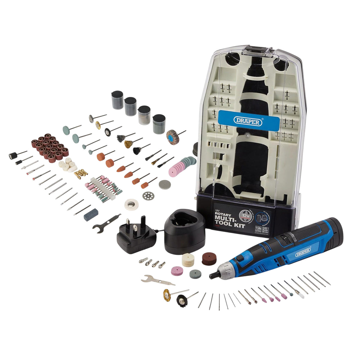Draper 12V Cordless Rotary Multi Tool with 266pc Accessories | Includes Lithium-Ion Battery, Fast Charger and Case