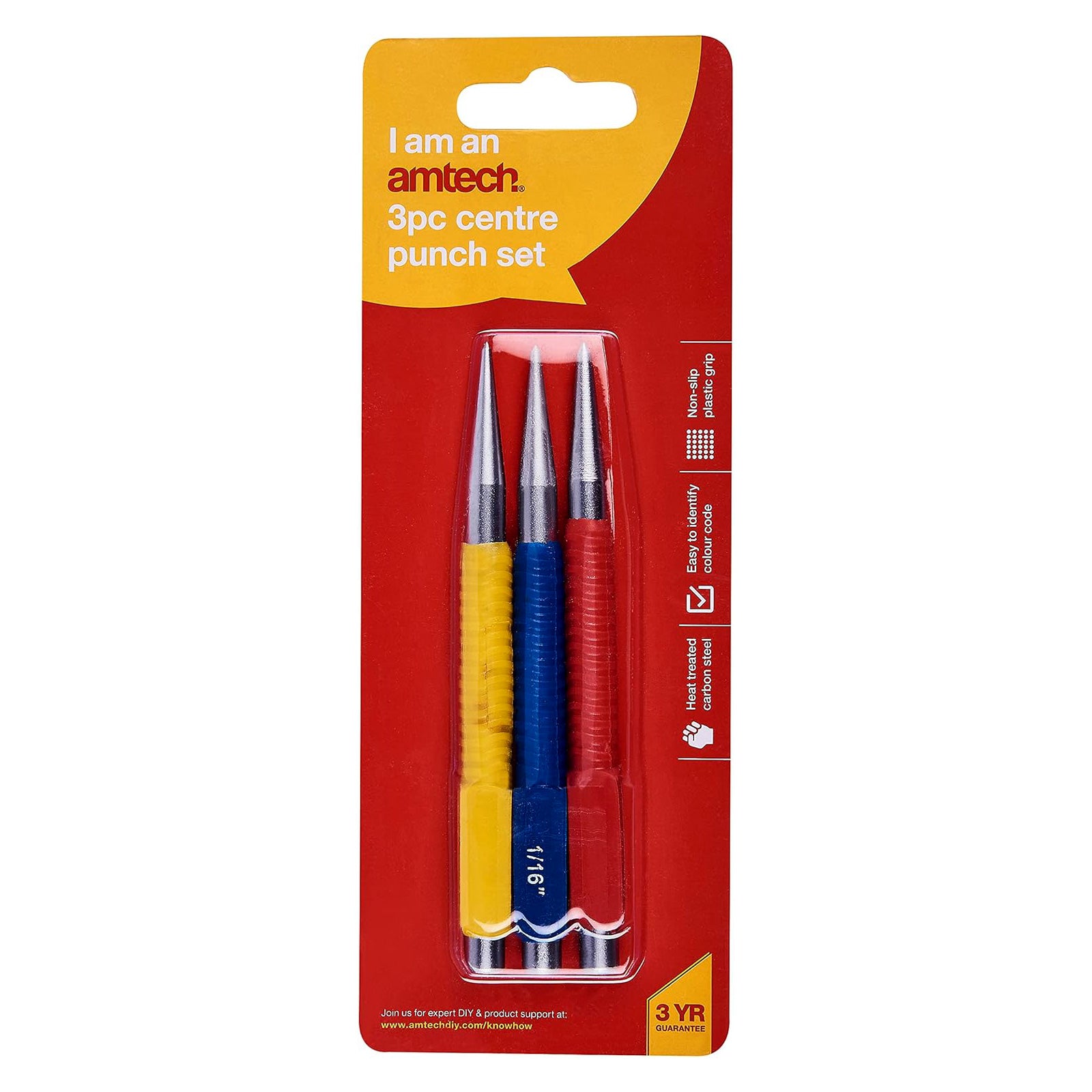 3pc Centre Punch Set Point Marking Tools Metal Scribes Carbon Steel Colour Coded