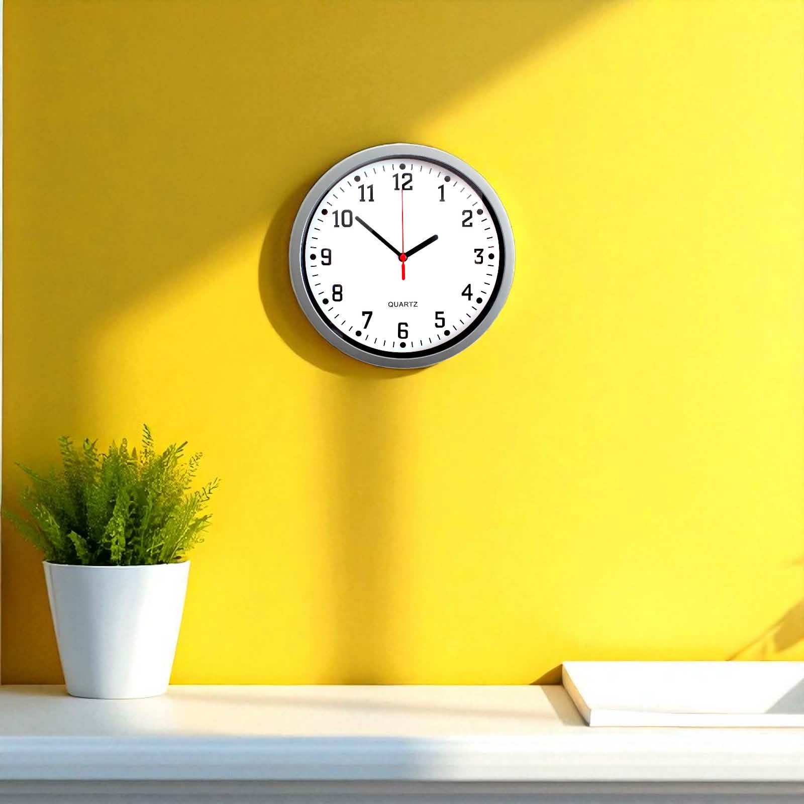 9" Round Silver Wall Clock Quartz Movement Bold Numerals Home Kitchen Bedroom