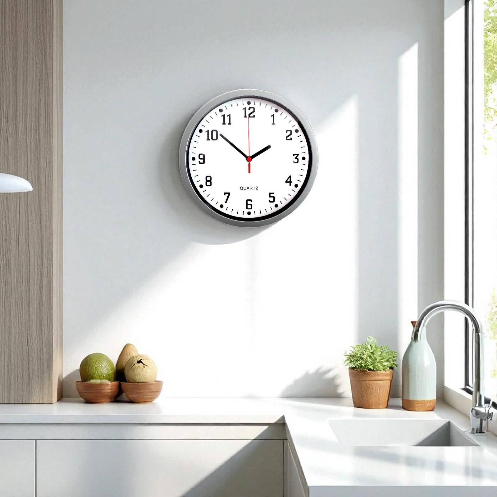 9" Round Silver Wall Clock Quartz Movement Bold Numerals Home Kitchen Bedroom