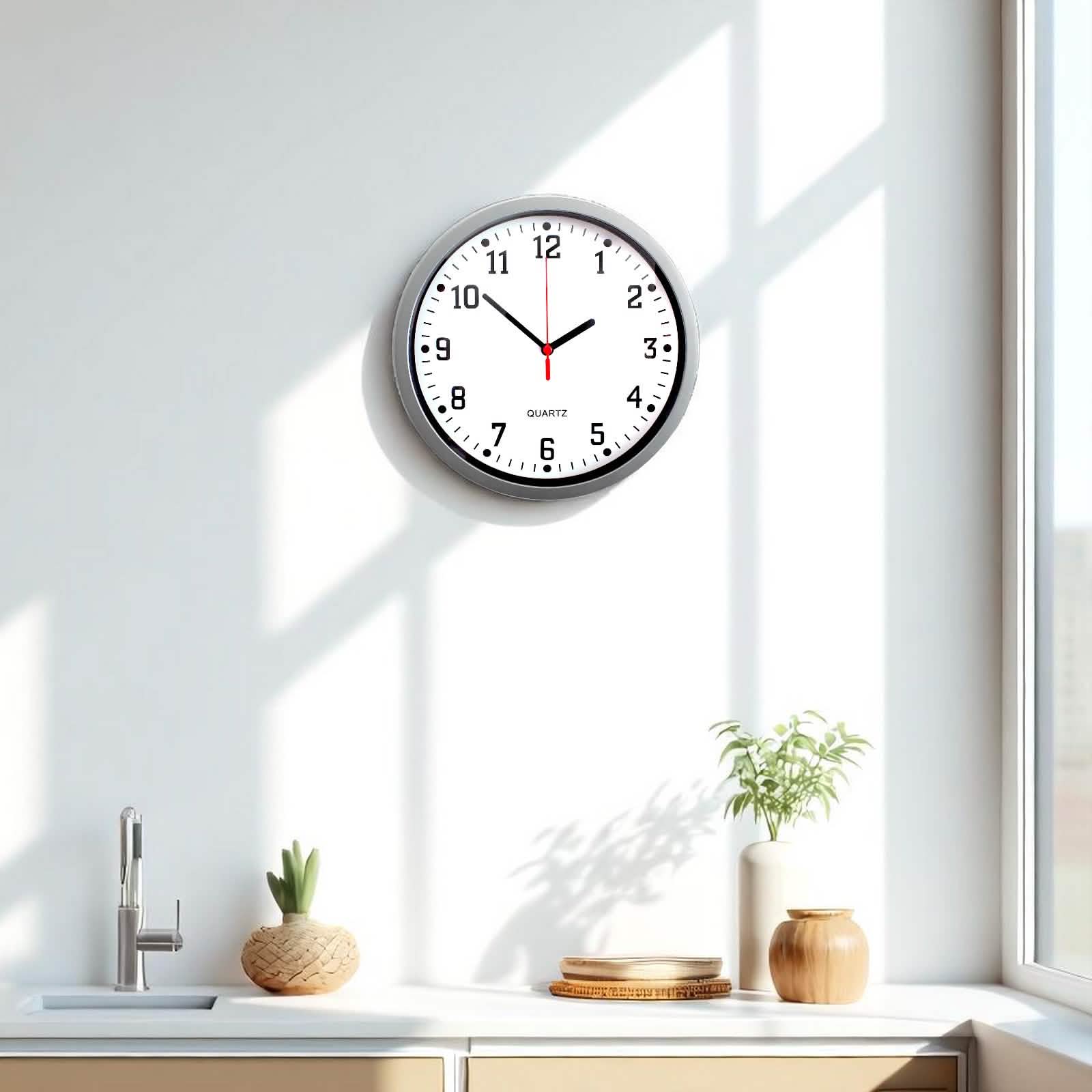9" Round Silver Wall Clock Quartz Movement Bold Numerals Home Kitchen Bedroom