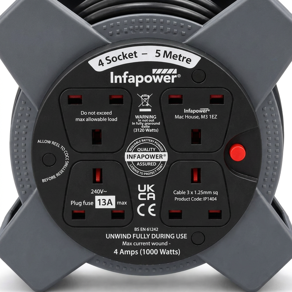Infapower IP1404 5m 4-Socket Cable Reel Extension Lead – Grey & Black