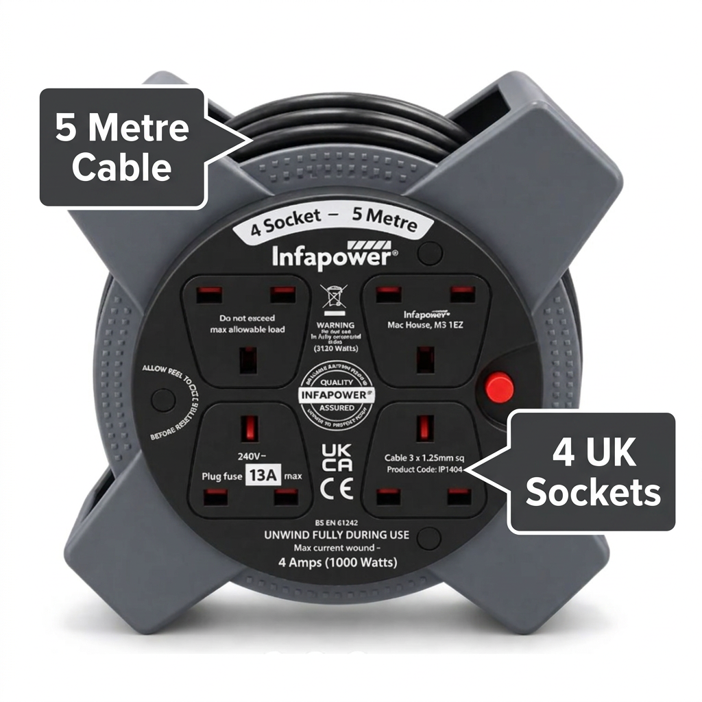 Infapower IP1404 5m 4-Socket Cable Reel Extension Lead – Grey & Black